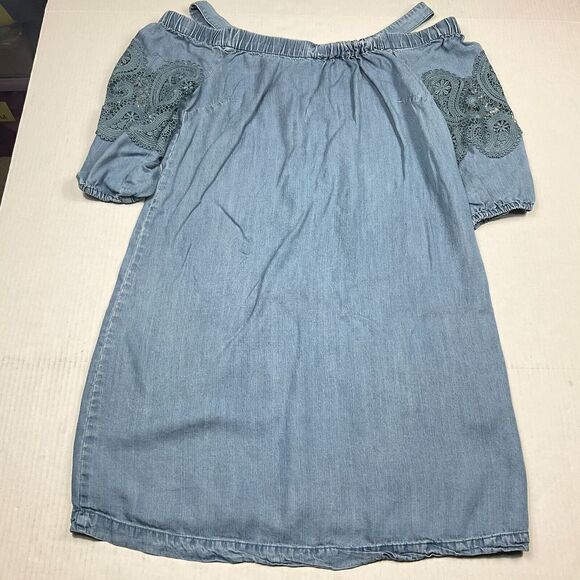 Chicos Chambray Lace Shirt Dress Blue Cold Shoulder Casual Pullover Size 0 Small - Picture 1 of 12